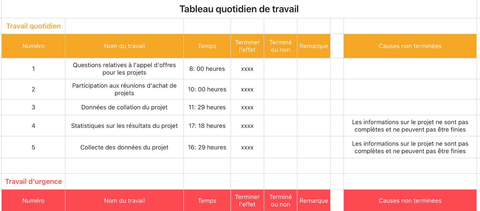 Modèle universel de feuille de journal de travail